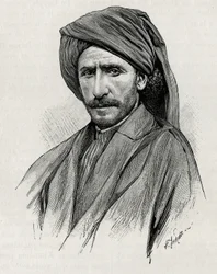 Portret van sjeik Moses, de machtigste stamleider van Arabistan (of het Arabisch Schiereiland). Gravure door Thiriat ter illustratie van het verhaal "Perzië, Chaldea en Susiana"