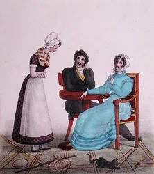 En bovenal, wees goed!, karikatuur van een stel dat met hun dienstmeid praat voordat ze vertrekt, ca. 1820-30