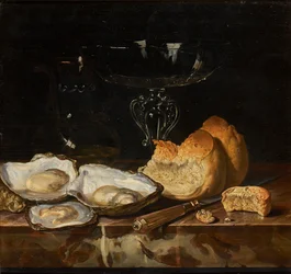 Stilleven met oesters, brood en Venetiaans wijnglas, 1661