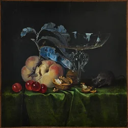 Stilleven met perziken, walnoten, muis en Venetiaans wijnglas, 1661