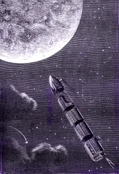 Trein van kogels (of projectielen) afgevuurd door een gigantisch kanon naar de Maan, "Van de aarde naar de maan" door Jules Verne