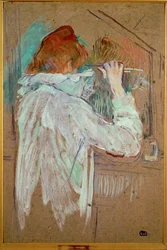Vrouw krult haar haar (schilderij op canvas)