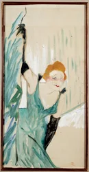 Portret van de Franse zangeres Yvette Guilbert (1867-1944) die het publiek groet