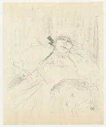 Portret van Yvette Guilbert in fauteuil op toneel