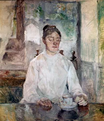 De moeder van de kunstenaar, gravin Adèle de Toulouse-Lautrec, tijdens het ontbijt in het kasteel van Malromé