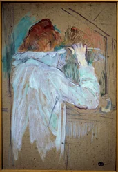 Vrouw Curling Schilderij op karton door Henri de Toulouse Lautrec (1864-1901) 1891