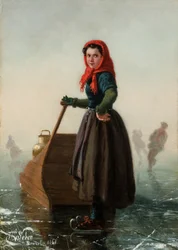 Een melkmeisje op schaatsen door een slee