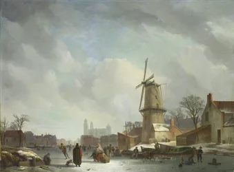 Dartelen op een bevroren kanaal in een stad