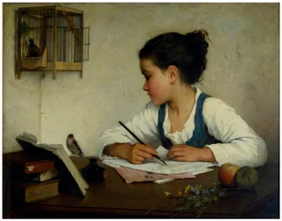 Een meisje schrijft; De huisdier goudvink
