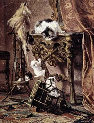 Een kat kijkt naar haar spelende kittens - door Henriette Ronner