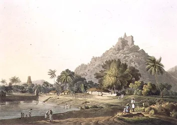 Pagodes in Trinchicunum, plaat XI, gegraveerd door Daniel Havell 1809