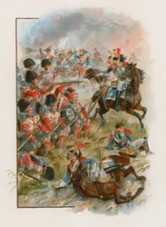 Plein van de 42e Highlanders aangevallen door Franse kurassiers bij Quatre Bras, 16 juni 1815