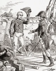 kapitein Dacres van de HMS Guerriere geeft zich over en biedt zijn zwaard aan kapitein Hull aan boord van de USS Constitution na zijn nederlaag tijdens de Oorlog van 1812, uit De Geschiedenis van Ons Land, gepubliceerd 1905