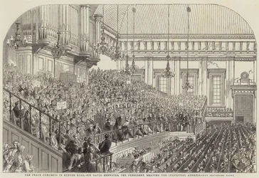 Het vredescongres in Exeter Hall, Sir David Brewster, de president, leest de inaugurele rede