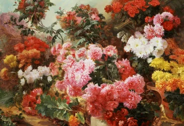 Veelkleurige chrysanten. Schilderij van Henri-Arthur (Henri Arthur) Bonnefoy (1839-1917) Privécollectie.
