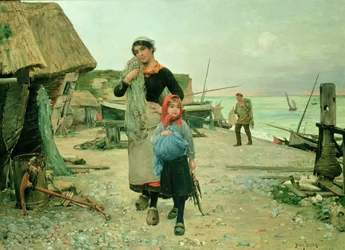 Vissersvolk keert terug met hun netten, Etretat