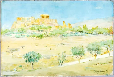 Algemeen zicht op de Akropolis bij zonsondergang