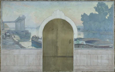 Schets voor de trouwzaal van het stadhuis van Asnières: Landschap. Aken op de Seine, met de Asnières-brug, circa 1900