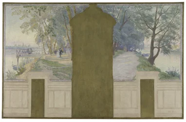 Schets voor de trouwzaal van het stadhuis van Asnières: Landschappen. De Seine met de Saint-Ouen en Courbevoie bruggen, circa 1900