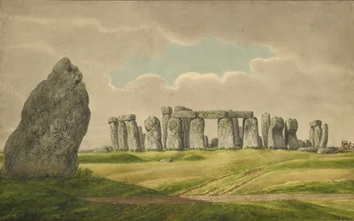 Stonehenge vanuit het N.O., toont ruïnes en hielsteen met kar, paard, persoon, 1824-1839