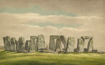 Stonehenge vanuit het N.W., toont ruïnes met man en hond, 1824-1839