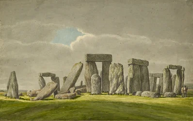 Stonehenge vanuit het Z.O., toont stenen in verwoeste staat met 2 bezoekers, 1824-1839