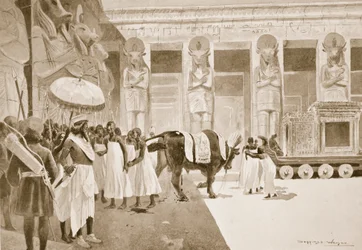 Cambyses doodt de heilige stier, illustratie uit 