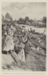 Henley Regatta, de finale heat voor de Diamond Sculls (Ten Eyck v Blackstaffe), gezien vanuit de Grosvenor Club Enclosure