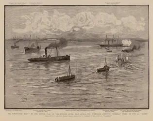 Portugese korvet Tamega vuurt op de SS Agnes, Pungwe Rivier, Oost-Afrika
