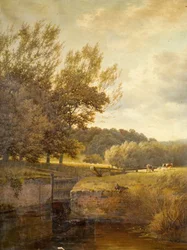Boslandschap met jongen die vist in een sluis