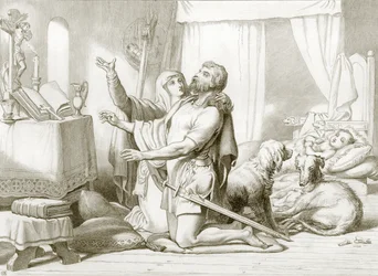 Hoe Torfrida Hereward leert bidden (gravure)