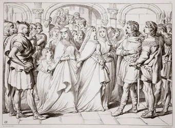 Alftruda herkent Hereward, illustratie uit Hereward the Great door Charles Kingsley, uitgegeven 1870, gegraveerd door C.G. Lewis