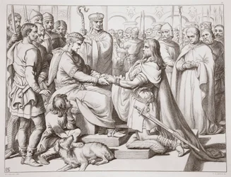 Hoe Hereward bij de koning kwam, illustratie uit Hereward the Great door Charles Kingsley, uitgegeven 1870, gegraveerd door C.G. Lewis