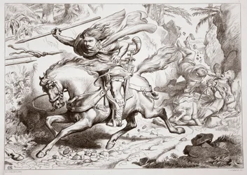 Hoe Hereward in een val werd gelokt, illustratie uit Hereward the Great door Charles Kingsley, gepubliceerd in 1870, gegraveerd door C.G. Lewis