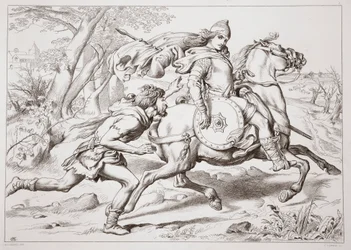 Hoe Martin Lightfoot Hereward inhaalt, illustratie uit Hereward the Great door Charles Kingsley, uitgegeven in 1870, gegraveerd door C.G. Lewis