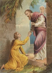 Mercy flauwgevallen bij de poort (chromolitho)