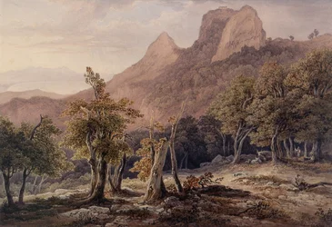 Rotsachtig Landschap met figuren en een meer op de achtergrond