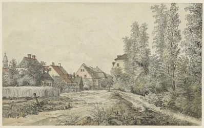 Dorpsweg met huizen (in Duitsland?)
