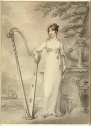 Volledig portret van "Miss V. Dupuis" rustend met haar arm op een harp. Op de achtergrond een fontein en een landschap met herten