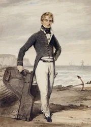 Portret van Edward Pocock R.N., kleine figuur ten voeten uit, staande naast een bij laagwater gestrande roeiboot