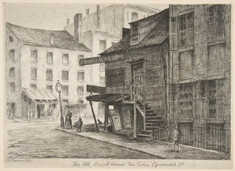 Het oude strandhuis, hoek van Cedar Street en Greenwich Street, uit „Taferelen van het oude New York”