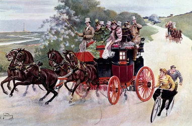 Een rijtuig vol passagiers en fietsers. Lithografie gebaseerd op een schilderij door Henry Finney (19e eeuw), circa 1890. Privécollectie