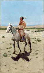 Cheyenne verkenner. Een indiaan te paard met een geweer. Schilderij van Henry Francois Farny (1847-1916)