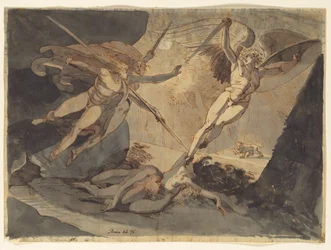 Satan schrikt van de aanraking van Ithuriels speer