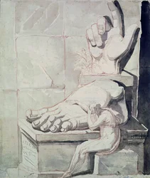 De wanhopige kunstenaar tegenover de omvang van antieke fragmenten (rechterhand en linkervoet van de Kolossus van Constantijn) 177880