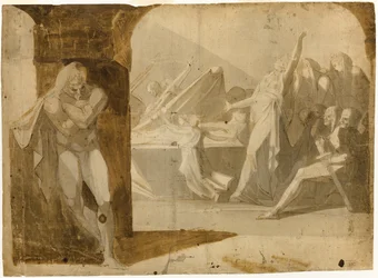 De hertog van Gloucester wacht op Lady Anne bij de begrafenisstoet van haar schoonvader, koning Hendrik VI (recto); Staande mannelijke naakt, voorover leunend (verso)