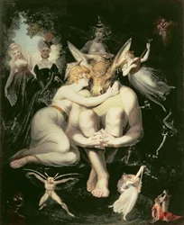 Titania ontwaakt, omringd door dienende feeën, zich verrukt vastklampend aan Bottom, die nog steeds de ezelskop draagt, 1793-4