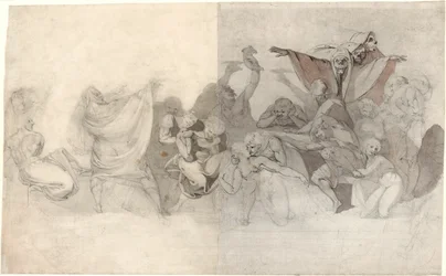 Triomf van de dood: Drie skeletten vallen een bacchanaal binnen, georkestreerd door een magiër of een boze demon