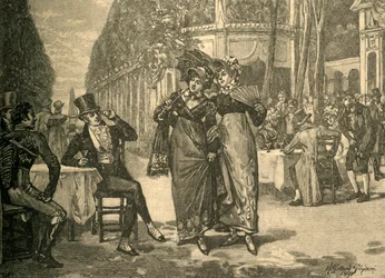 Beaus en belles van de Regency-periode, vroege 19e eeuw ca. 1890