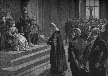 Peers en Commoners presenteren patriottisch adres aan de koningin aan de vooravond van de Krimoorlog, 1891